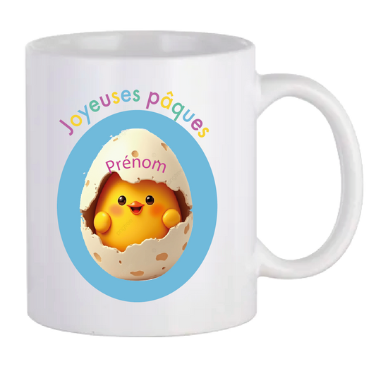 MUG PÂQUES Poussin personnalisé avec prénom + 110 g de fritures de Chocolat "Chevaliers d'Argouges"