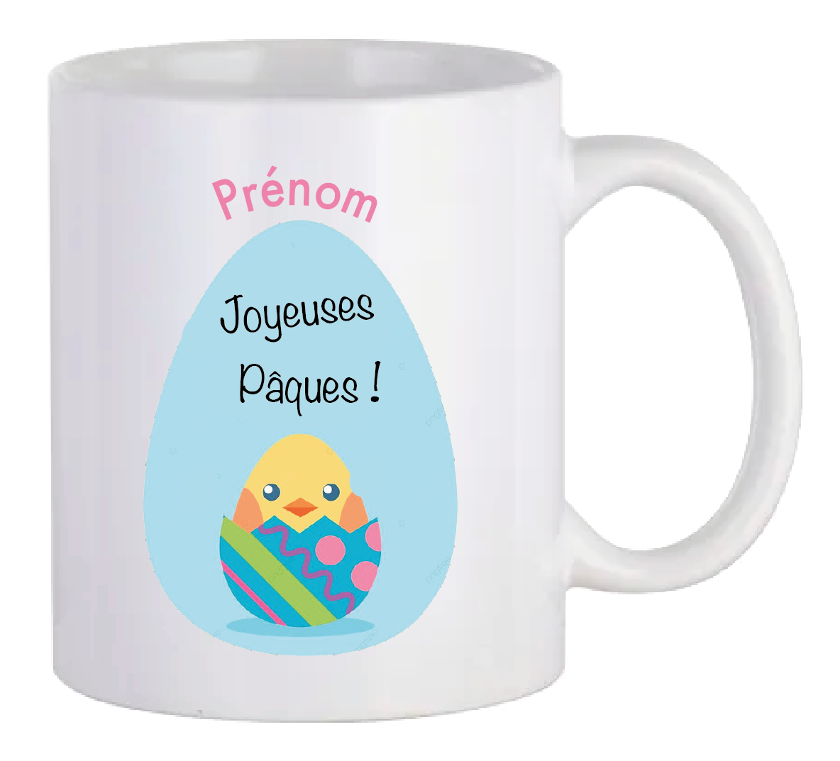 MUG PÂQUES Poussin personnalisé avec prénom + 110 g de fritures de Chocolat "Chevaliers d'Argouges"